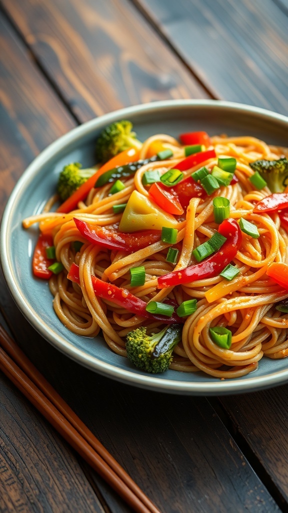 A plate of stir-fried noodles with bell peppers, carrots, and broccoli, garnished with green onions.